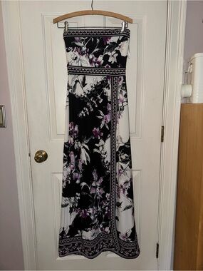 Strapless Black, White & Purple Floral Maxi Dress